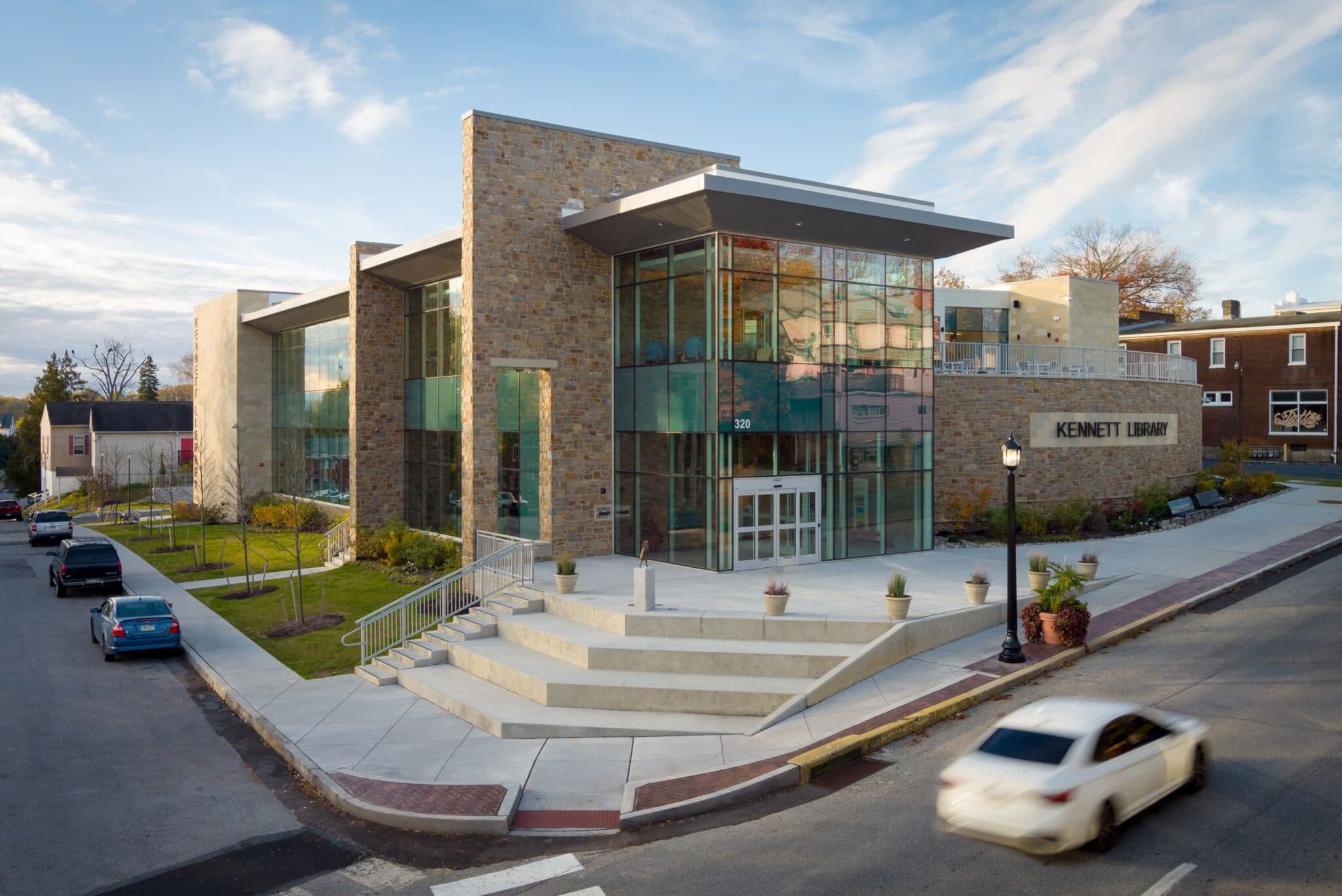 Kennett Library building exterior - a modern glass and stone structure